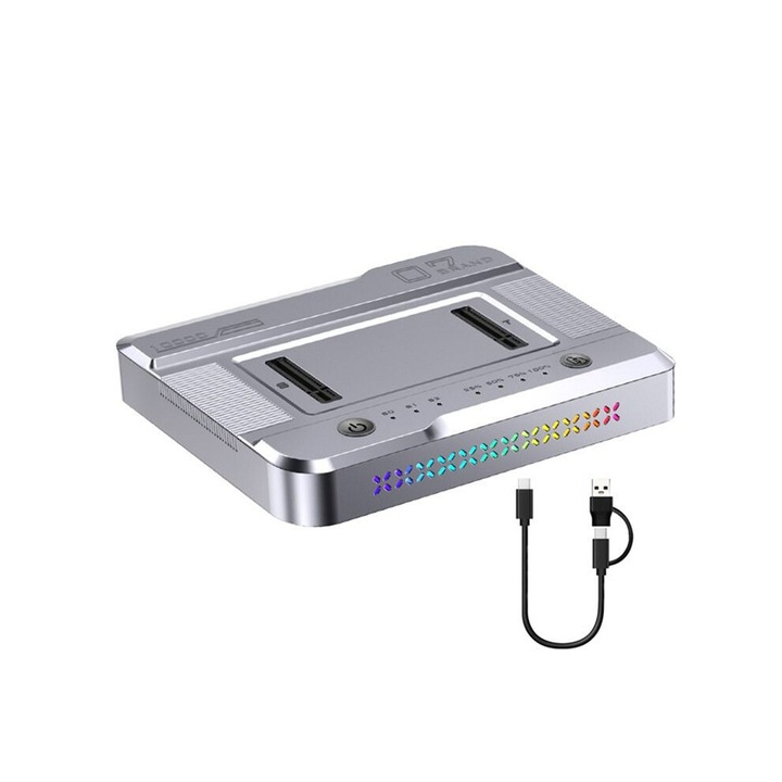 Kettős M.2 NVMe dokkolóállomás, RGB, USB 3.2 Gen2, alumínium, 2230-22110