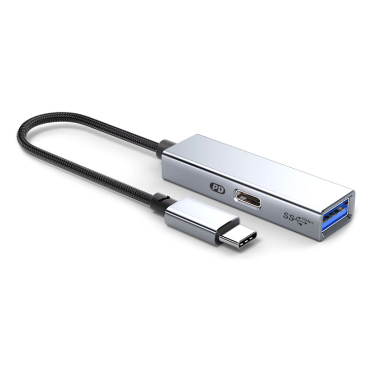 USB 3.2 Type-C Hub 5 Gbit/s 60 W PD, OTG adapter, szürke, 130mm