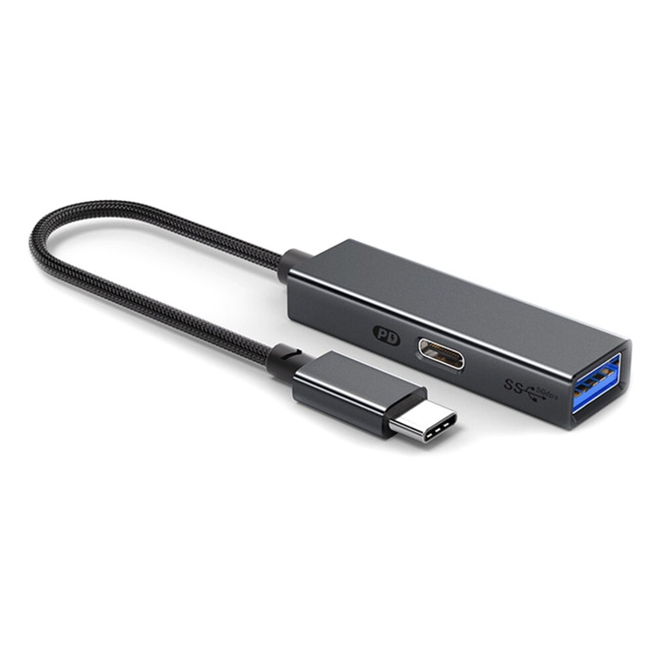 USB 3.2 Type-C elosztó, 5 Gbit/s, 60 W PD, OTG adapter, fekete
