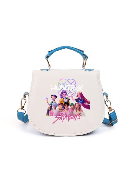 Gyermek táska ökológiai bőrből, többfunkciós válltáska és crossbody táska K-POP Witcher Girls mintával, fehér/kék, 17x6.3x14.5 cm