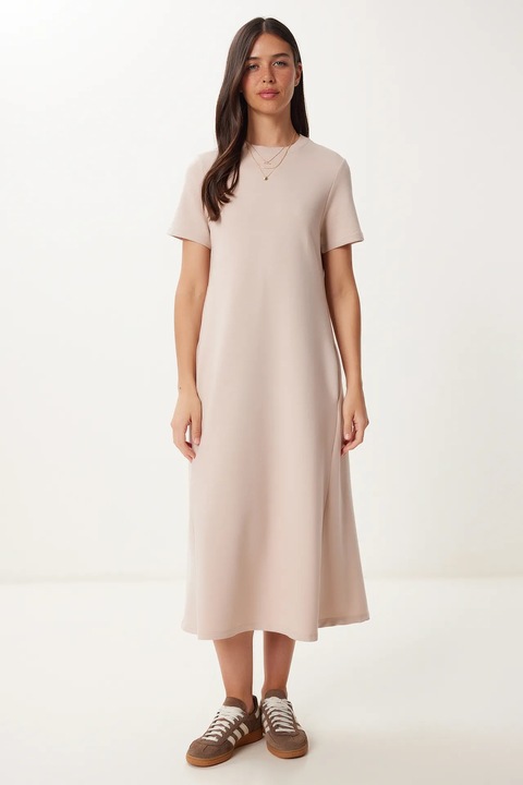 Rochie midi Happiness Istanbul, maneci scurte, crem, bumbac/poliester/elastan, S INTL