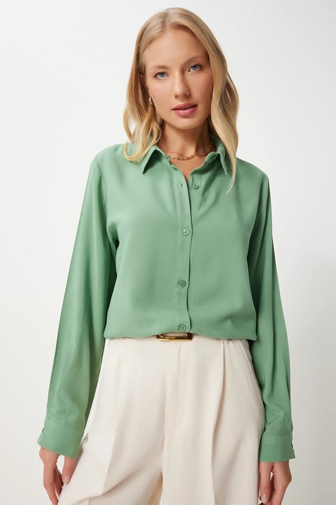 Camasa dama, Happiness Istanbul, poplin, verde kaki, maneca lunga, 100% viscoza