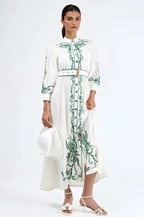 Rochie tip camasa midi, MSN Collection, model floral, alb/verde, bumbac, curea in talie