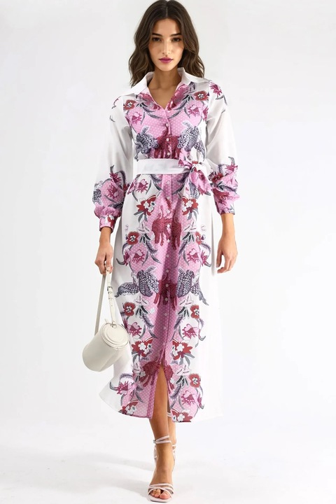 Rochie midi MSN Collection, cu imprimeu, maneca lunga, poliester si lycra, alb/roz