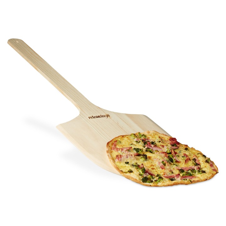 Relaxdays XXL pizzalapát, natúr fa, 30x32cm, 46cm hosszú nyél, bézs/ezüst szín