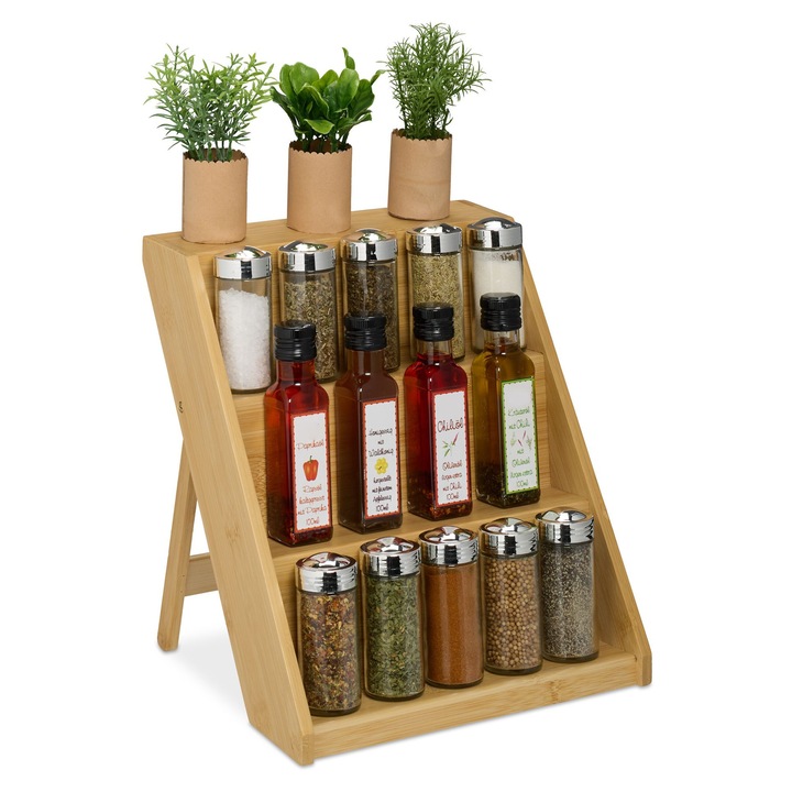 Suport condimente din bambus Relaxdays, 3 etaje, natural, 29.5x30x26 cm