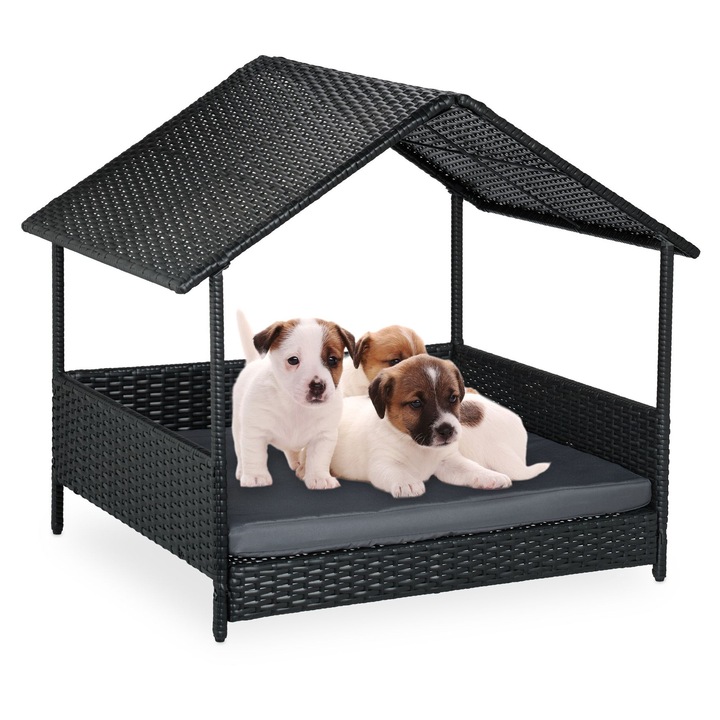 Culcus pentru caini Relaxdays, cu acoperis, 81x90x68 cm, antracit/gri, pentru rase mici si medii
