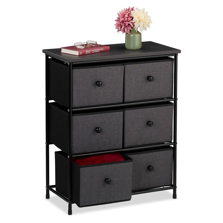 Comoda Relaxdays, 6 sertare, anthracit/negru, 73x60x32 cm