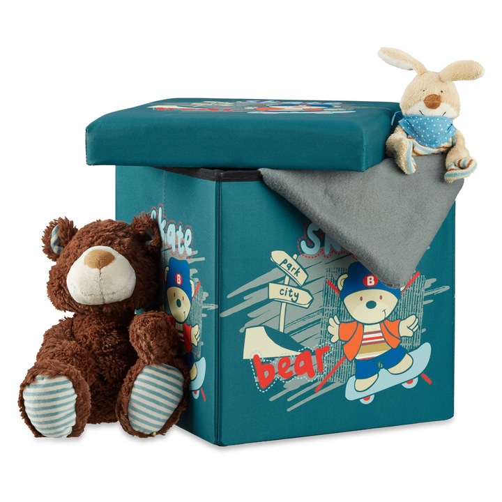 Ottoman de depozitare pentru copii, Relaxdays, 38x38x38 cm, 2 in 1, modele urs sau tigru, verde/portocaliu/rosu