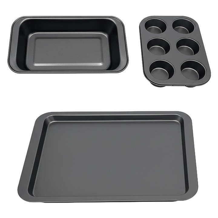 3 részes tavi copt szett, Relaxdays, sötétszürke, 6 muffinformás, kenyérsütő forma, sültes tál