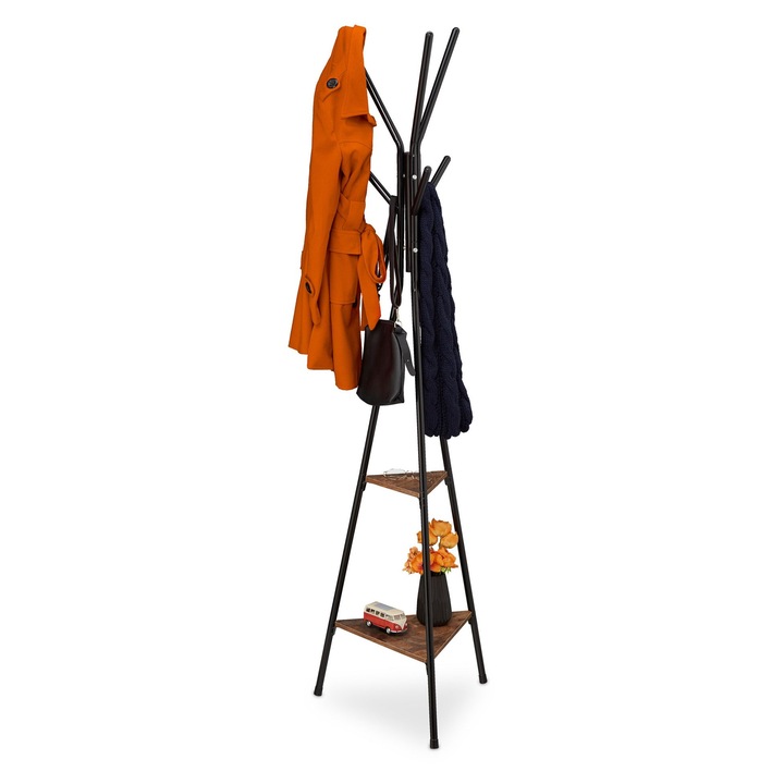 Relaxdays dekoratív ruhaállvány, ipari design, fekete/barna, 181.5x50x43 cm, 6 kampó, 2 polc