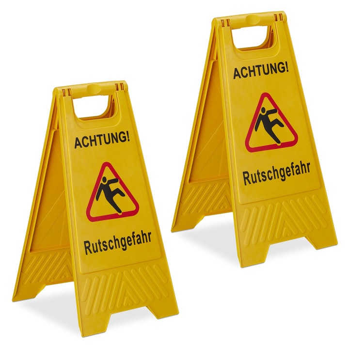 Semn de avertizare pentru podele umede, set 2 bucati, Relaxdays, galben/rosu/negru, 59x29x23 cm