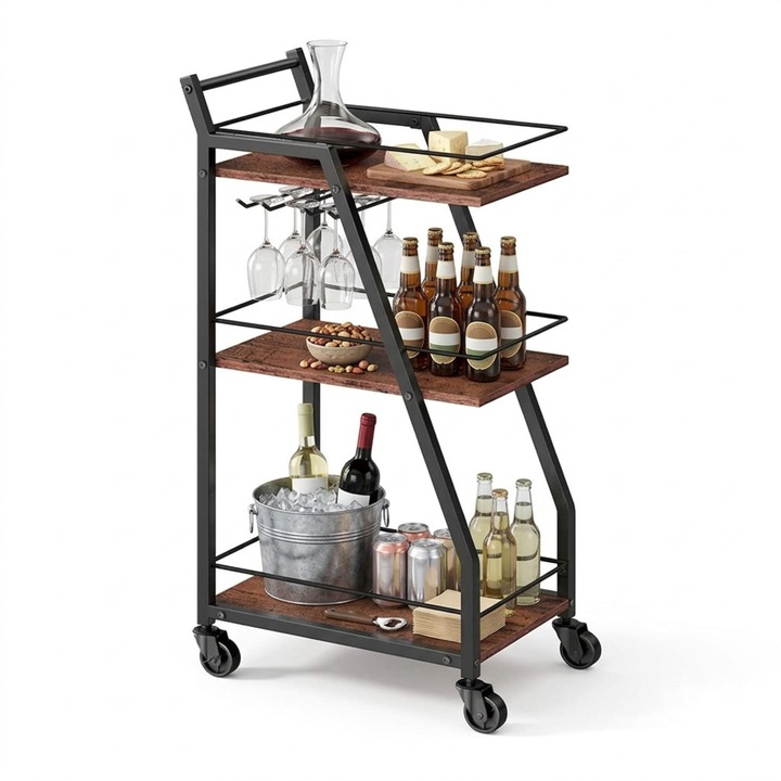 Carucior de servire Relaxdays, 3 etaje, stil industrial, negru, 83x39x29 cm