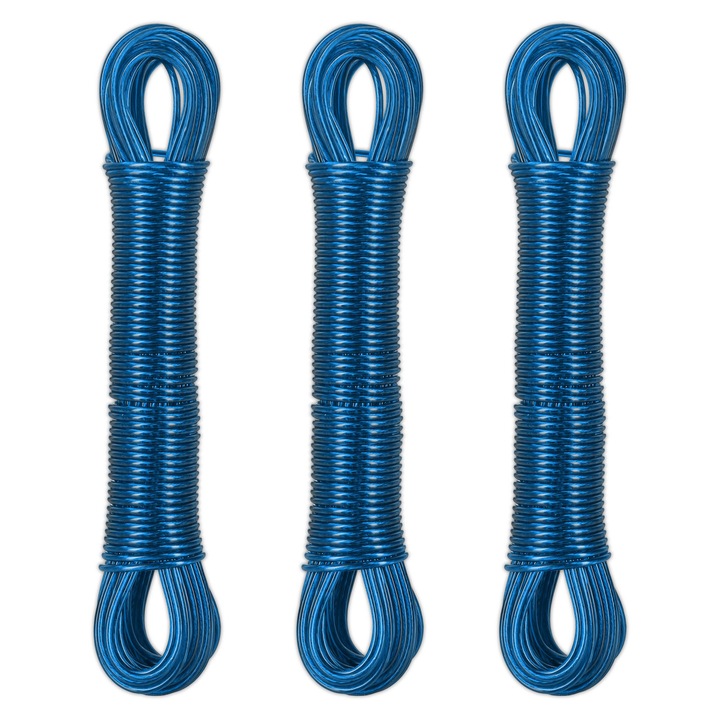 Set de 3 sarme de uscat rufe Relaxdays, 20m, albastru, 2.5mm
