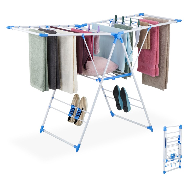 Uscator de rufe cu 2 aripi si 4 suporturi pentru pantofi, Relaxdays, alb/albastru, 99x61x155 cm