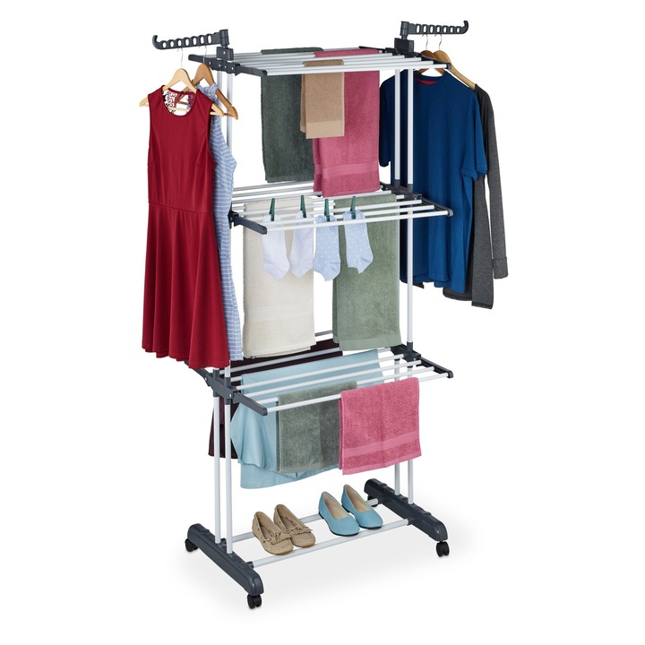 Uscator de rufe mobil Relaxdays, alb/gri, 173x64x126 cm, cu aripi pliabile, capacitate maxima 20 kg
