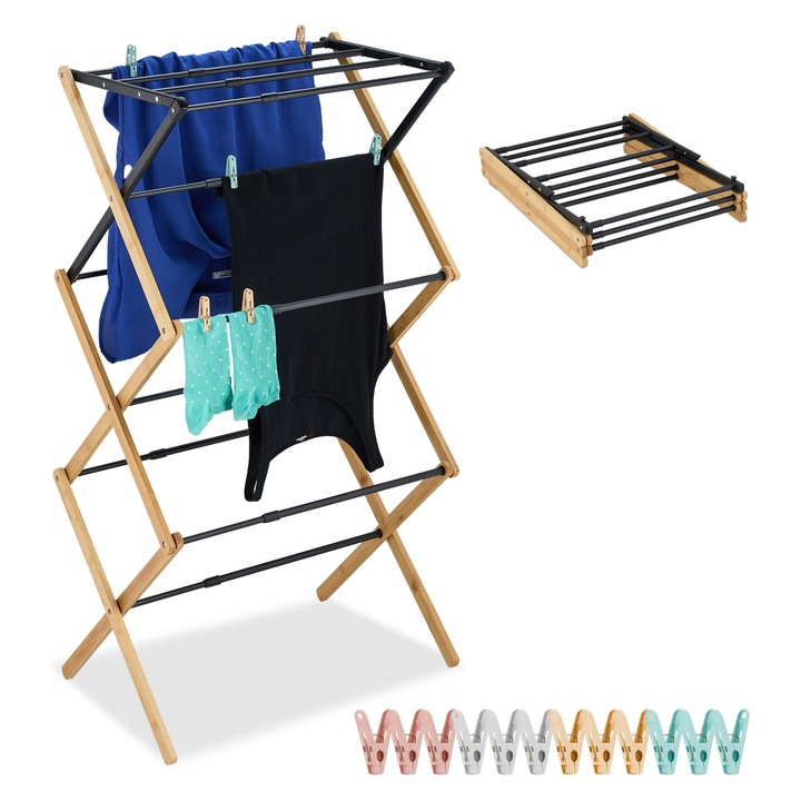 Uscator de rufe Relaxdays, 6 niveluri, 11 bare, negru/natural, 105x43x75 cm