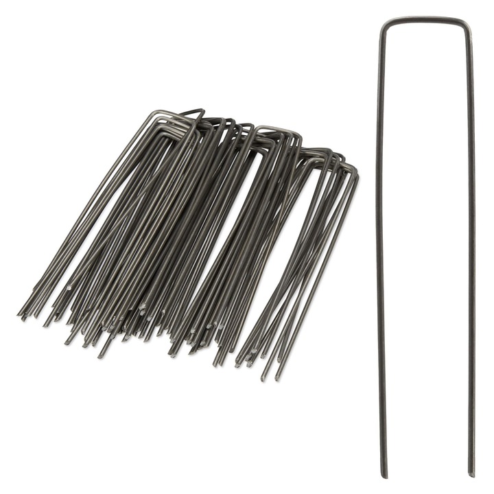 Set de 50 U-shaped pegs din otel pentru gradina, Relaxdays, 15x3cm, antracit