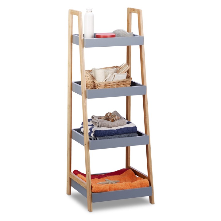 Relaxdays bambusz fürdőszobai polc, 4 szintes, szürke, 98x36x34.5 cm