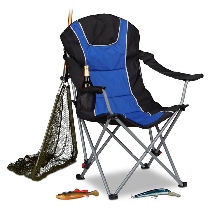Scaun de camping pliabil Relaxdays, albastru/negru, 108x72x90 cm, suporta pana la 130 kg, cu suport pentru bauturi