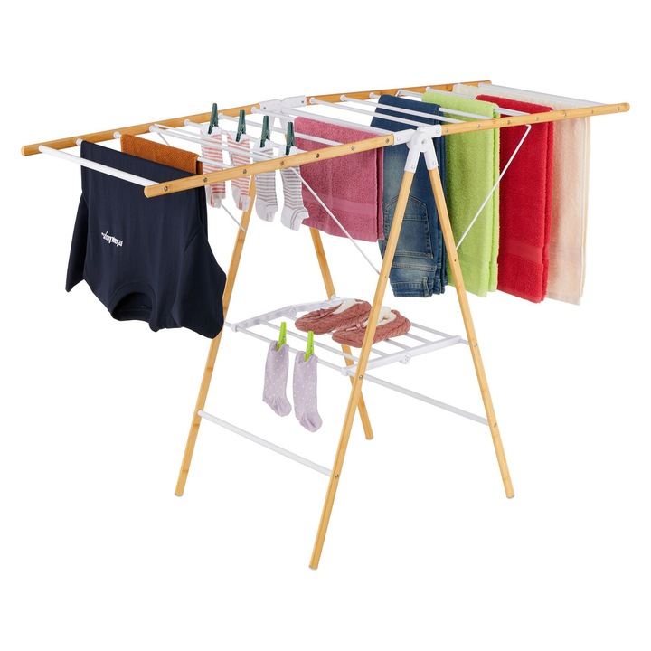 Uscator de rufe Relaxdays, pliabil, 100x148x56 cm, din bambus si metal, capacitate 20 kg, alb/maro deschis
