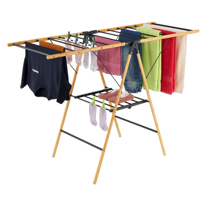Uscator de rufe Relaxdays, cu aripi, bambus si metal, 100x148x56 cm, capacitate 20 kg, culoare maro deschis/negru