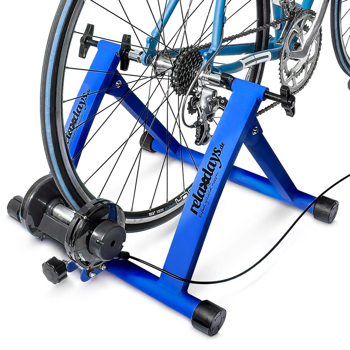 Stand de antrenament pentru bicicleta Relaxdays, 6 niveluri de rezistenta, albastru/negru, 55x48x38 cm
