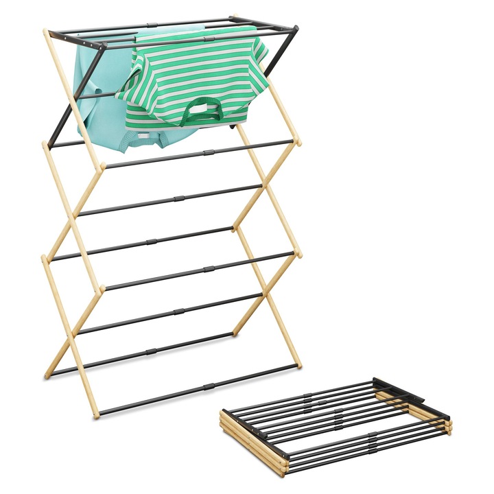 Uscator de rufe Relaxdays, 6 niveluri, 11 tije, bambus si metal, 107x37x74 cm