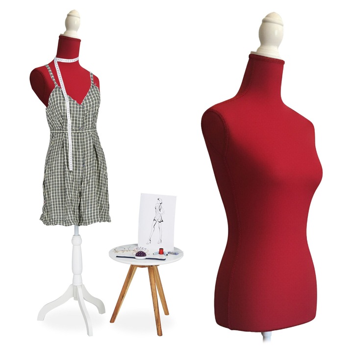 Manechin de croitorie Relaxdays, model 36/38, alb/rosu, 175x34x41 cm