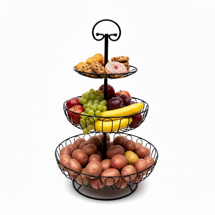 Cos de fructe Relaxdays, 3 etaje, negru, 47x30cm