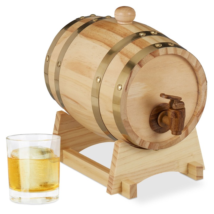 Butoaie din lemn cu robinet si suport, Relaxdays, 1.25L, 23x25.5x16cm, maro inchis/maro deschis