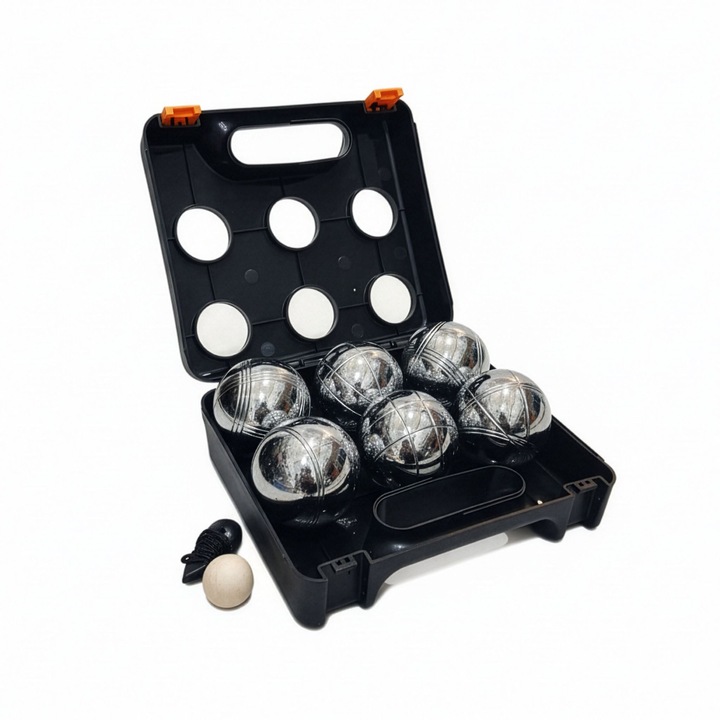 Relaxdays petanque szett, 6 golyóval, fekete/ezüst, 8.5x21x23 cm