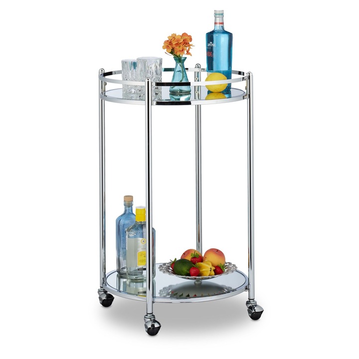 Carucior de servire rotund Relaxdays, 2 rafturi, argintiu, 75x50cm