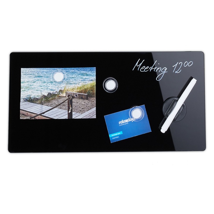 Tabla magnetica din sticla Relaxdays, neagra, 60x40cm, cu 3 magneti si suport pentru marker