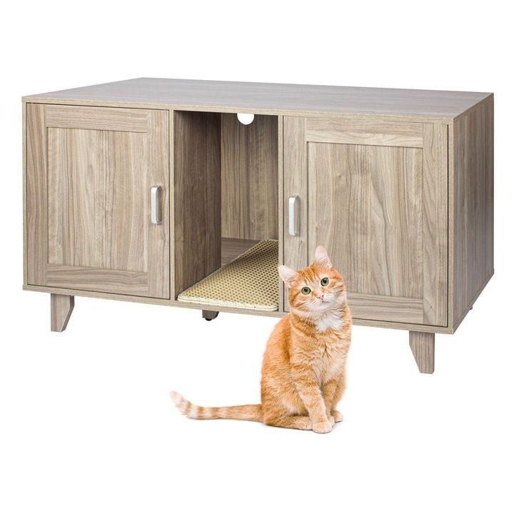 Cabinet pentru pisici XXL, Relaxdays, 65x120x52 cm, gri, cu covoras pentru litiera