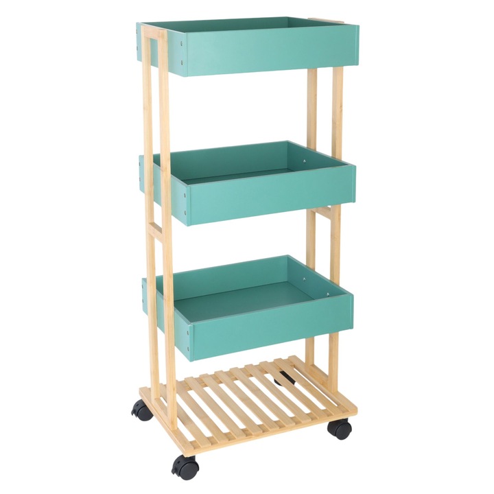 Carucior de servire Relaxdays, 4 etaje, bambus natural si MDF mint, 88x40x30 cm
