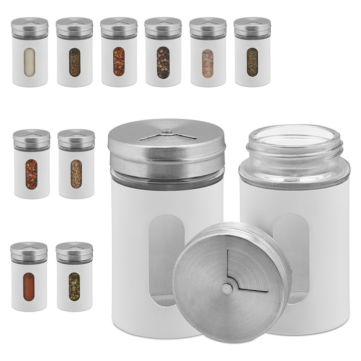 Set de 12 borcane pentru condimente Relaxdays, 8.5x5x5 cm, sticla inoxidabila, alb/argintiu/transparent