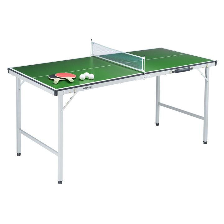 Masa de tenis pliabila Relaxdays, verde/silver, 71x150x67 cm, set cu 2 rachete si 3 mingi
