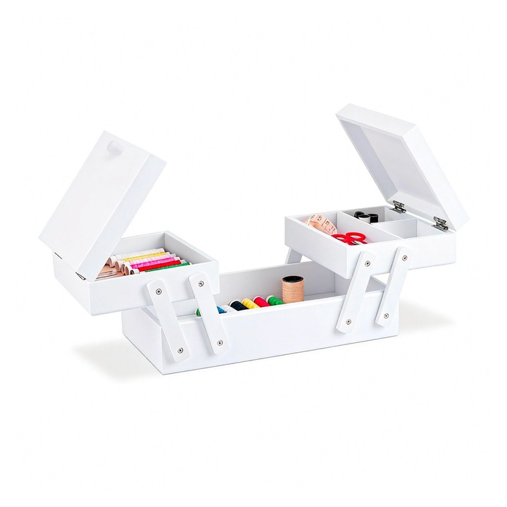 Cutie de cusut pliabila Relaxdays, lemn, 5 compartimente, alb, 12x15.5x26 cm