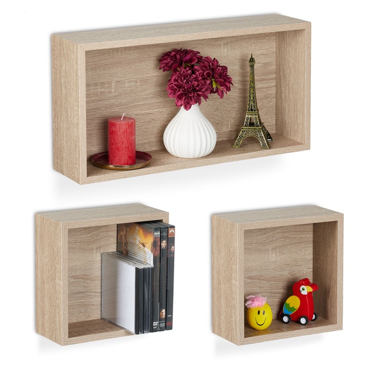 Set rafturi suspendate Relaxdays, 3 bucati, aspect lemn deschis, 25x12x49 cm