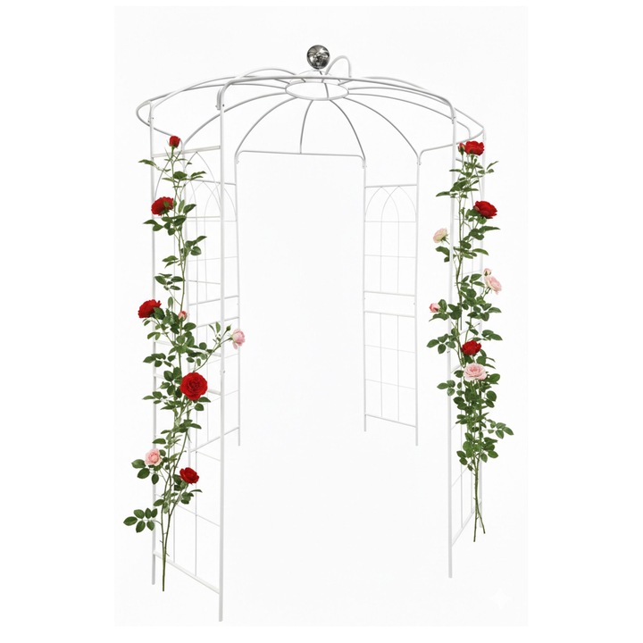 Pavilion metalic pentru gradina Relaxdays, roz, 290x206x206 cm, cu suport pentru plante cataratoare, set de montaj inclus