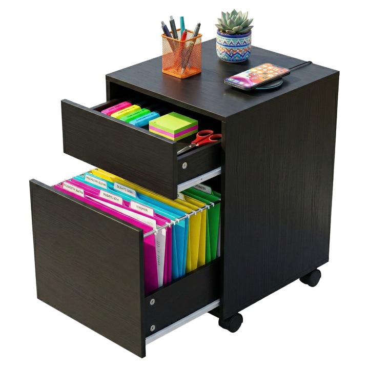 Dulap de birou cu dosare suspendate, Relaxdays, negru, 57x40x40 cm, 1 sertar mic, 1 sertar mare