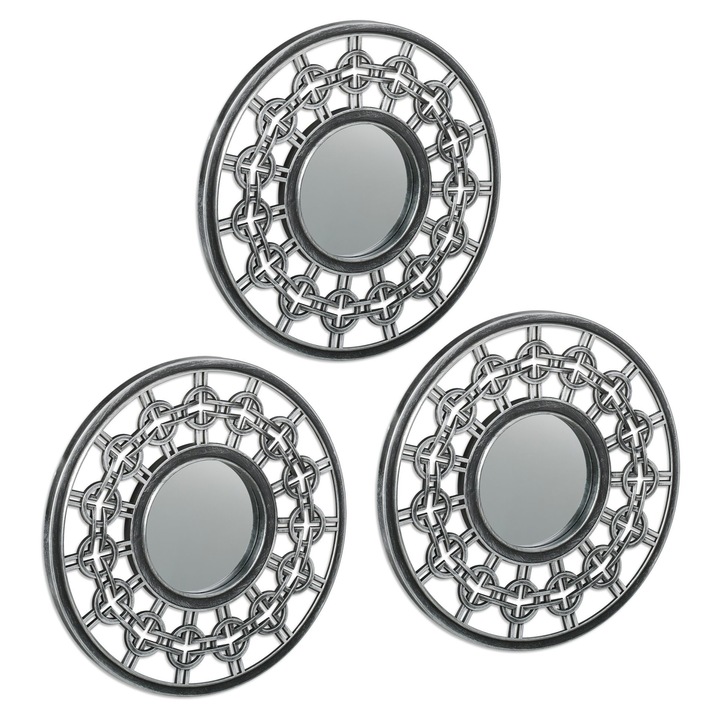 Relaxdays 3 darabos dekoratív tükör szett, ezüst/szürke, 25x1.5cm