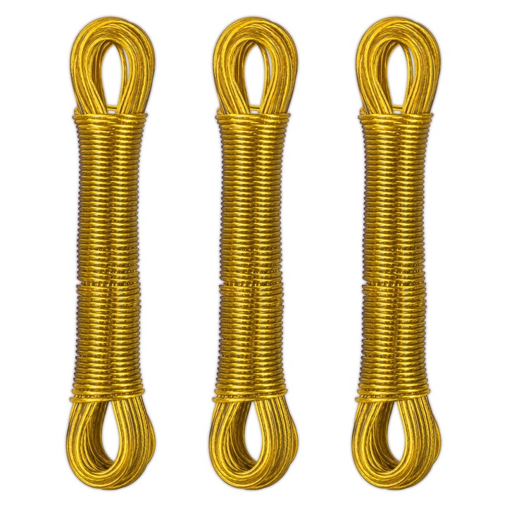 Set de 3 sarme de uscat rufe Relaxdays, 20m, galben, 2.5mm, capacitate 50kg