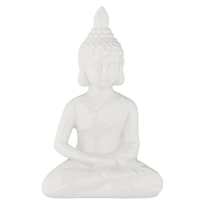 Statueta decorativa Buddha, Relaxdays, ceramica, alba, 18x11x6 cm