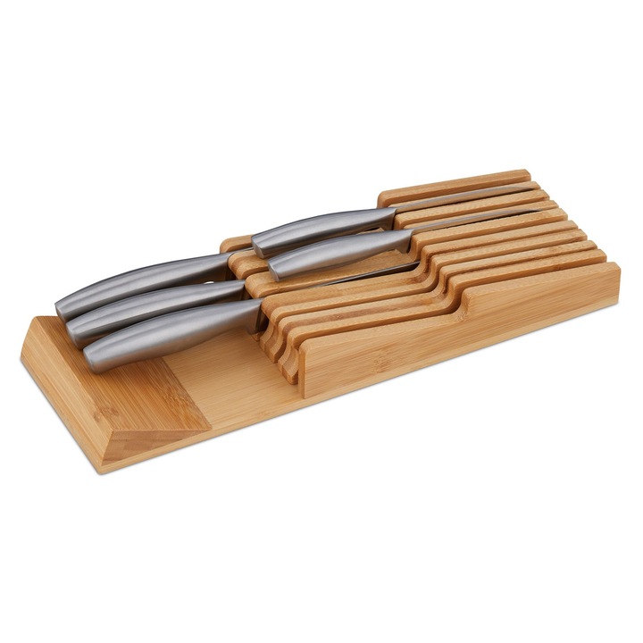 Suport tacamuri Relaxdays, organizator pentru 9 cutite, bambus, natural, 5.5x40x13 cm
