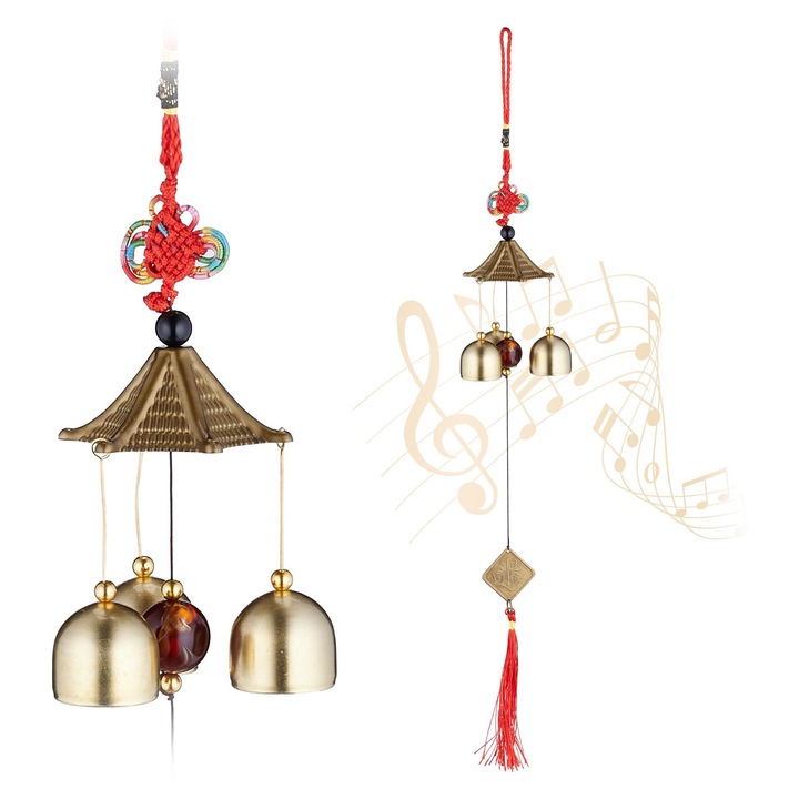 Set de 2 clopote de vant din metal, Relaxdays, aurii/negru, 49x6.5x6.5cm