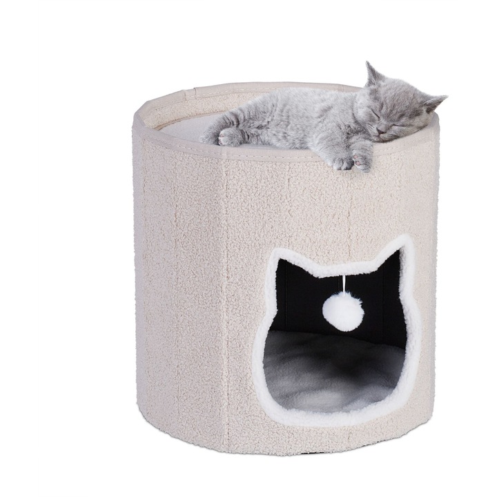 Culcus pentru pisici Relaxdays, bej, 40x39cm, cu jucarie suspendata, pliabil