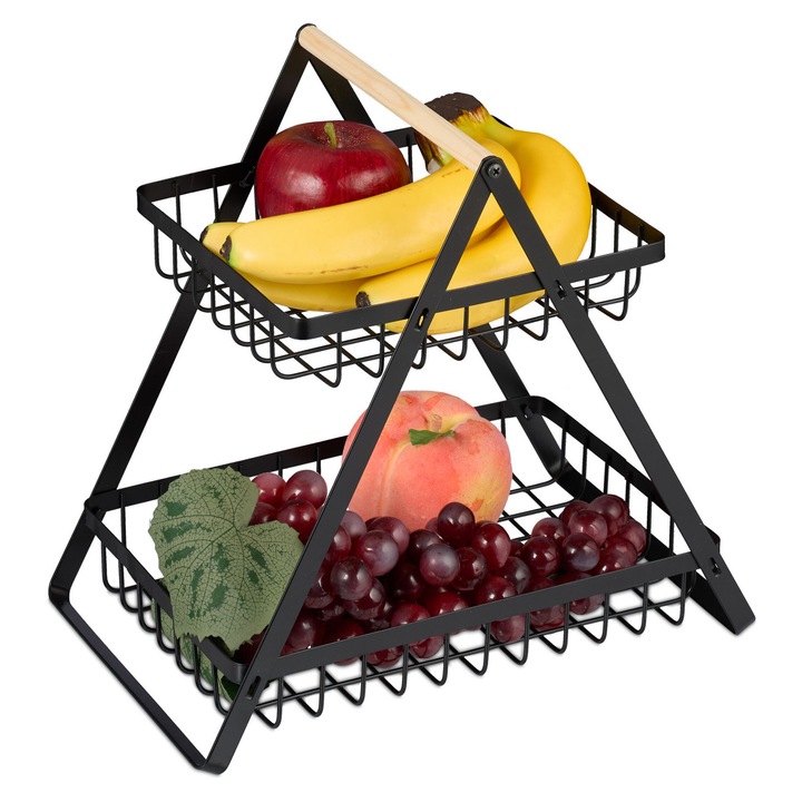 Cos de fructe etagere Relaxdays, 2 niveluri, negru/natural, 28x29x18.5cm