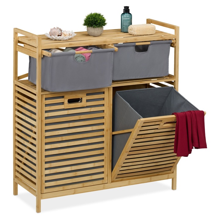 Raft pentru baie cu cos de rufe integrat, Relaxdays, 2 sertare, natural/gri, 95x88x33cm